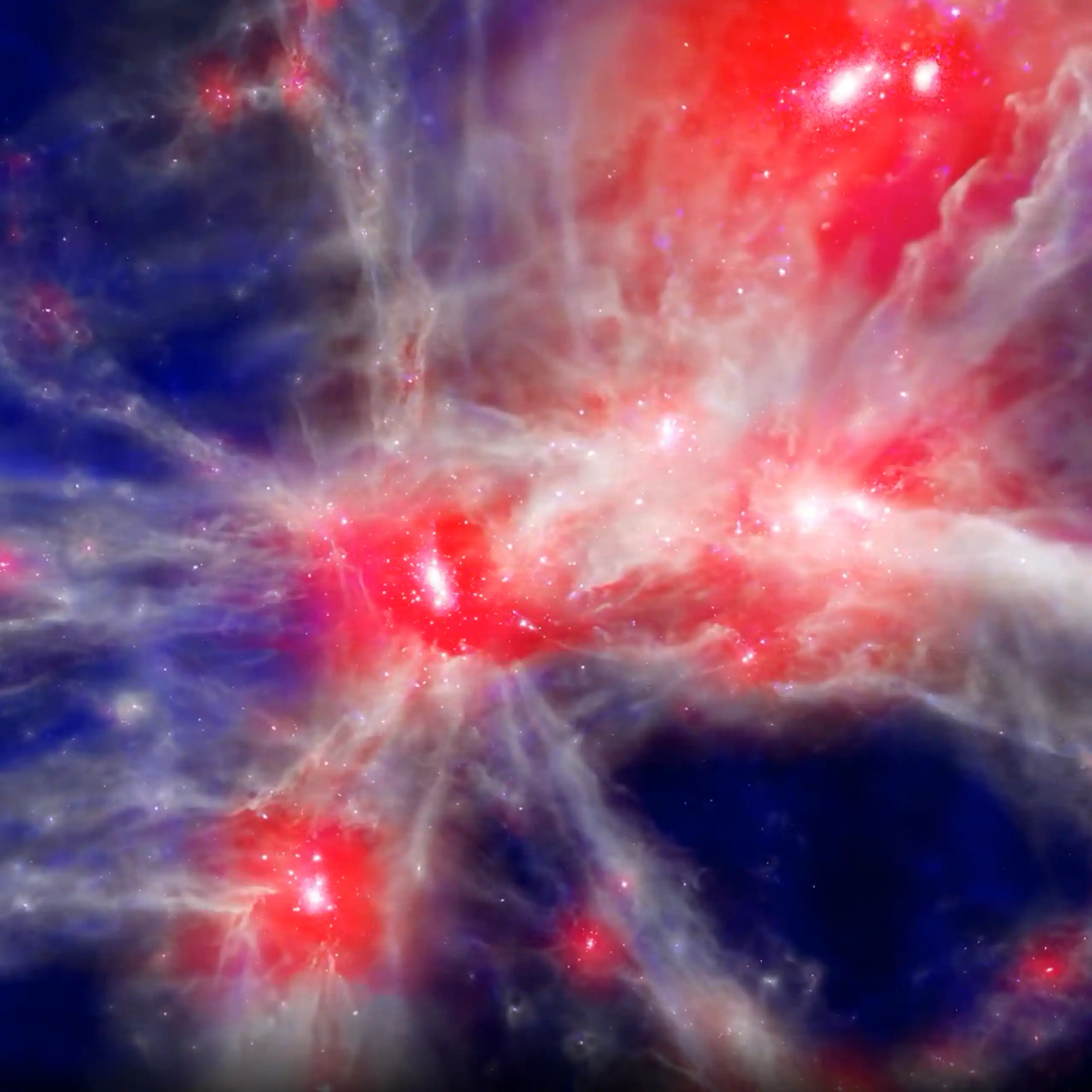 Computer-generated imagery of white and red filaments on a purple background with energetic red spots