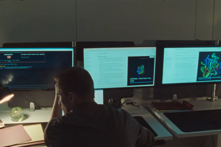 Man sitting in front of computer monitors showing text and biological imagery