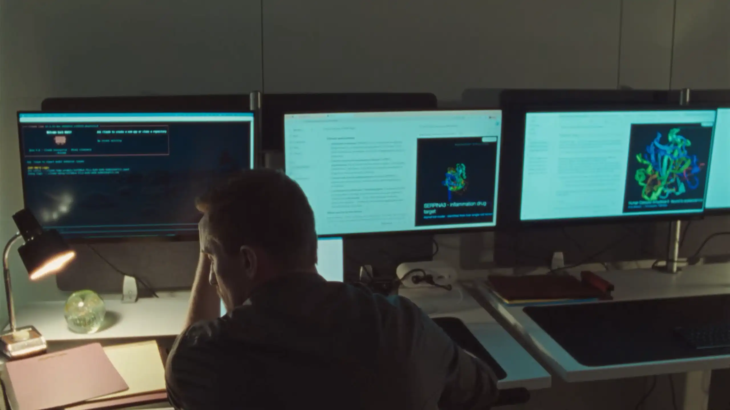 Man sitting in front of computer monitors showing text and biological imagery