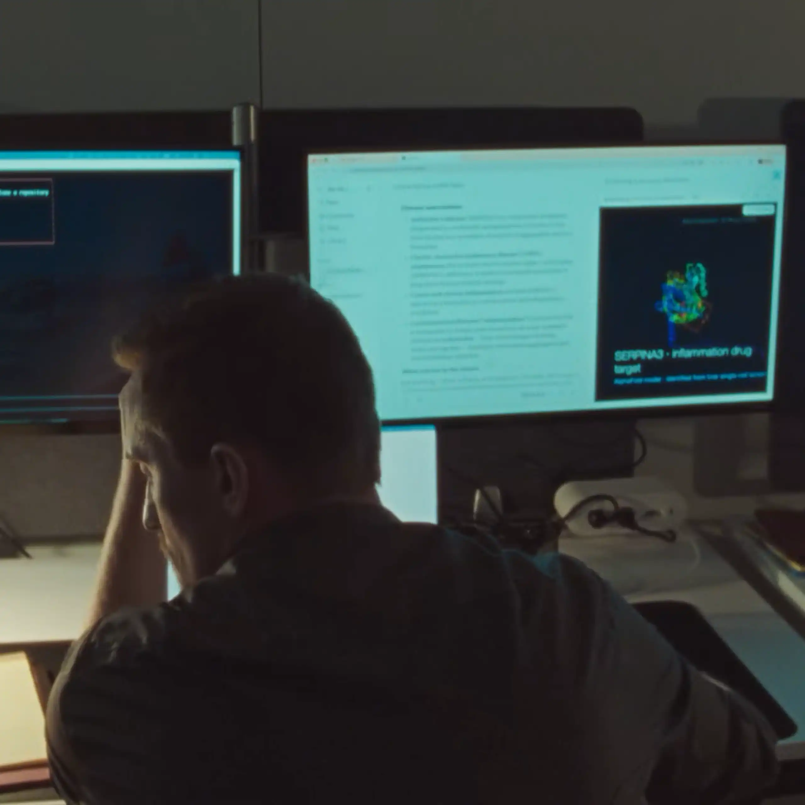 Man sitting in front of computer monitors showing text and biological imagery
