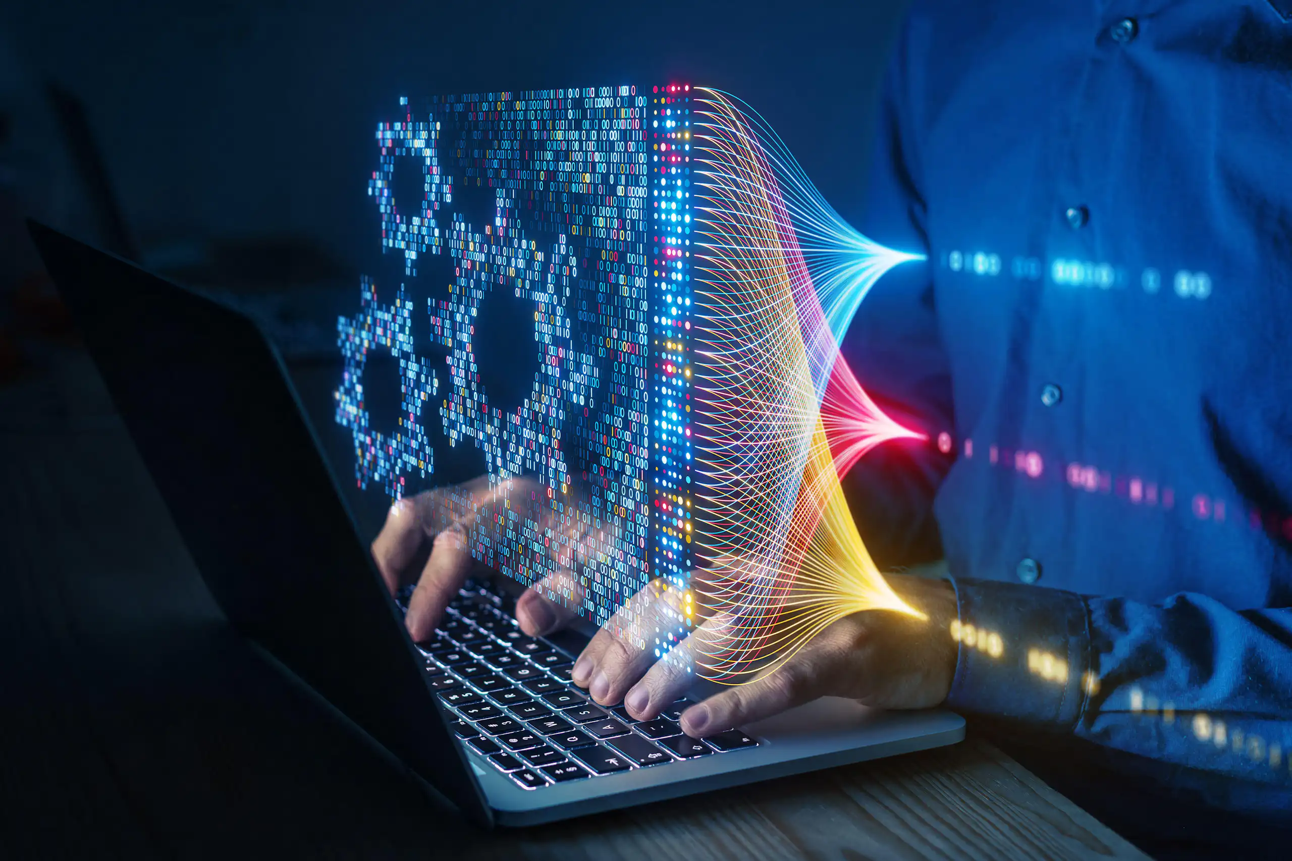 Person with a laptop and illustration of AI with cogs projected in front.