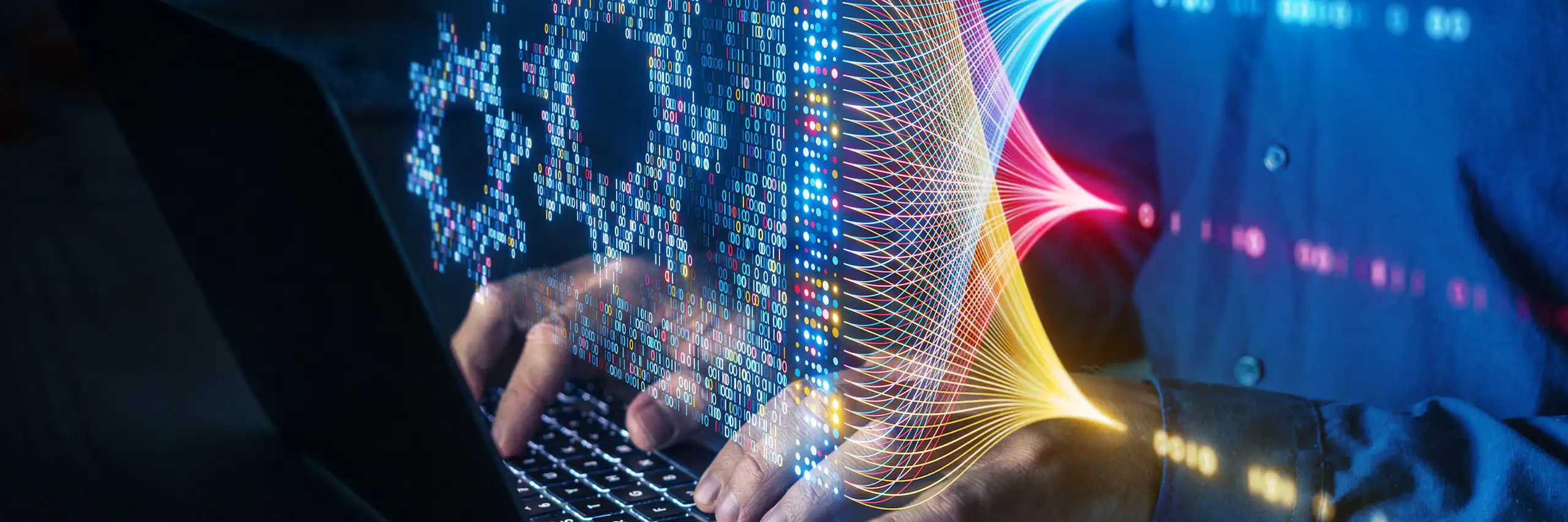 Person with a laptop and illustration of AI with cogs projected in front.