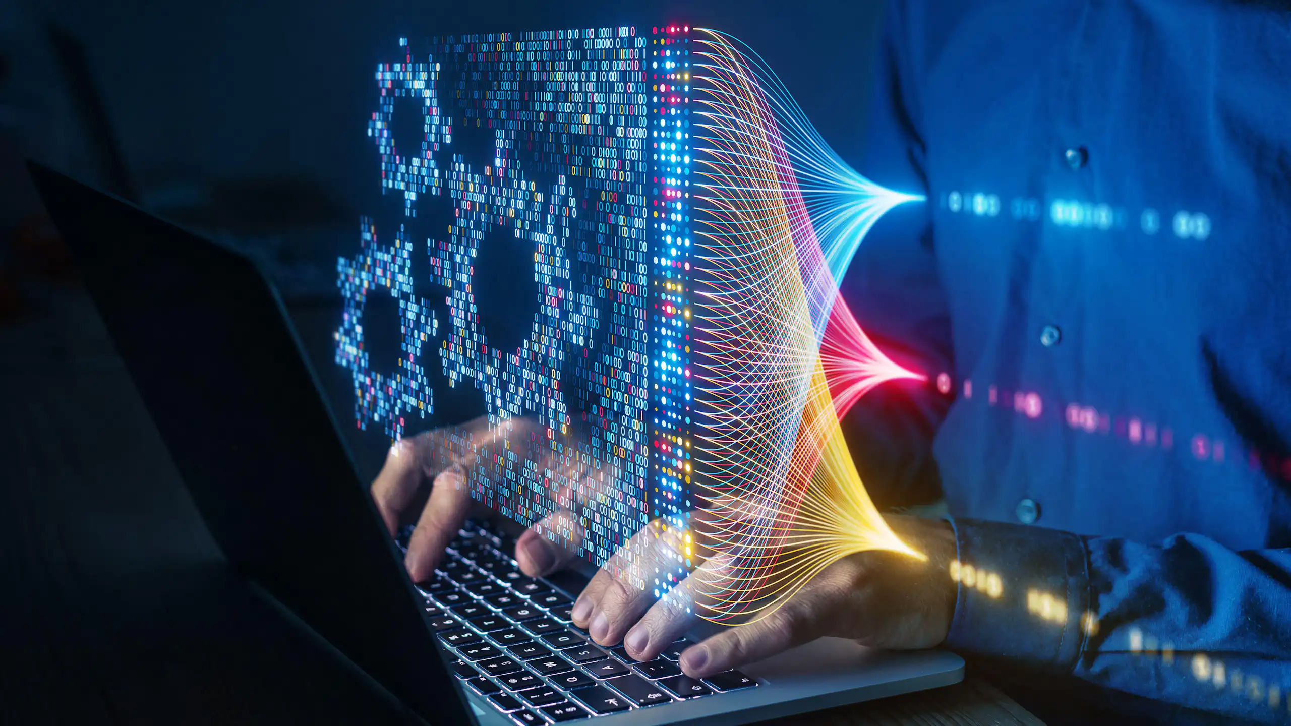 Person with a laptop and illustration of AI with cogs projected in front.