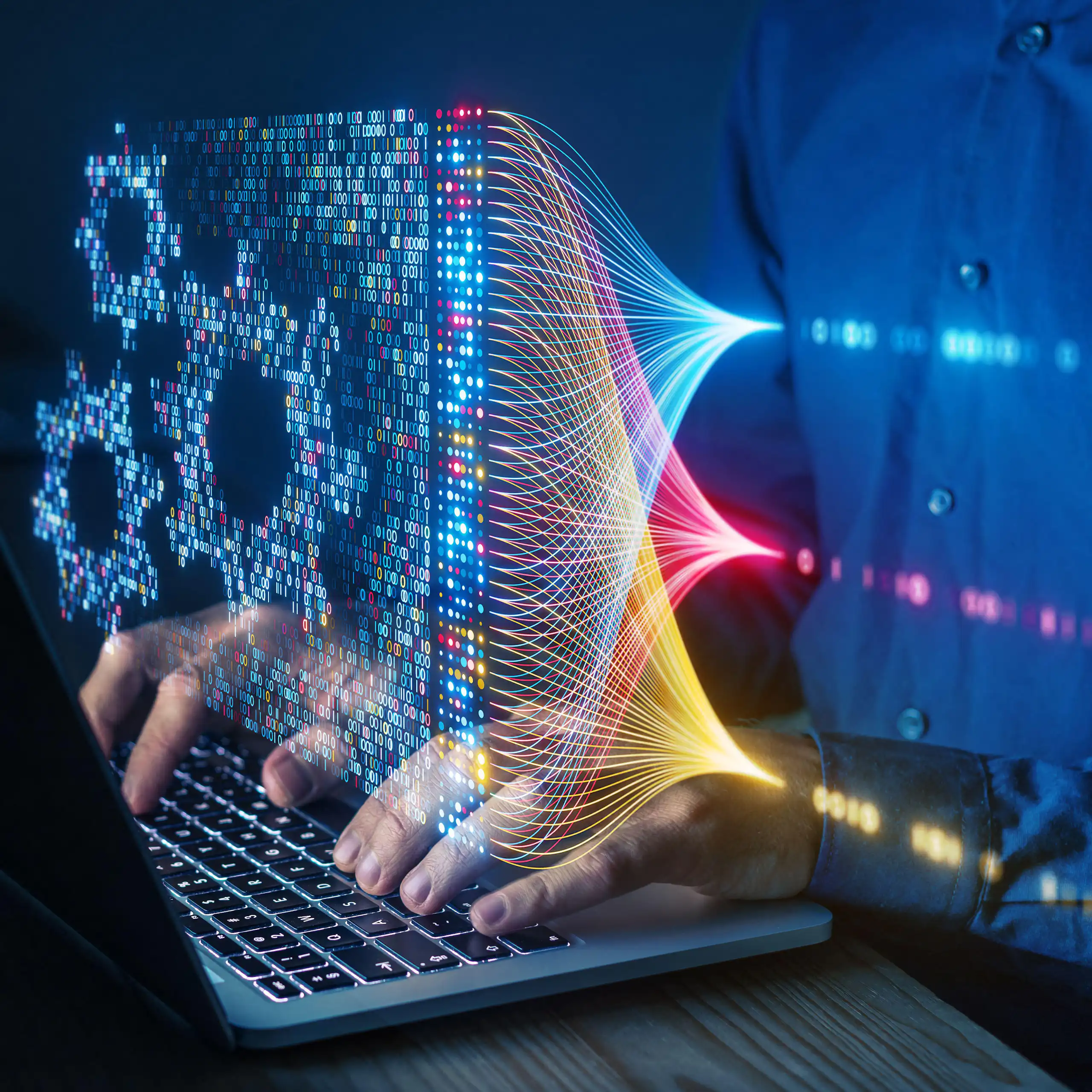 Person with a laptop and illustration of AI with cogs projected in front.