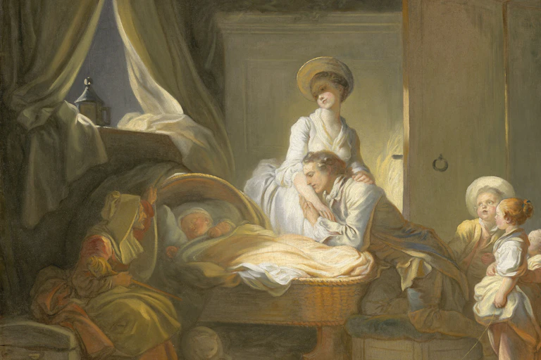 La mère (auréolée) et le père (à genou, blotti contre son épouse et penché vers l'enfant), à droite, et la nourrice, à gauche, entourent le couffin du nouveau-né.