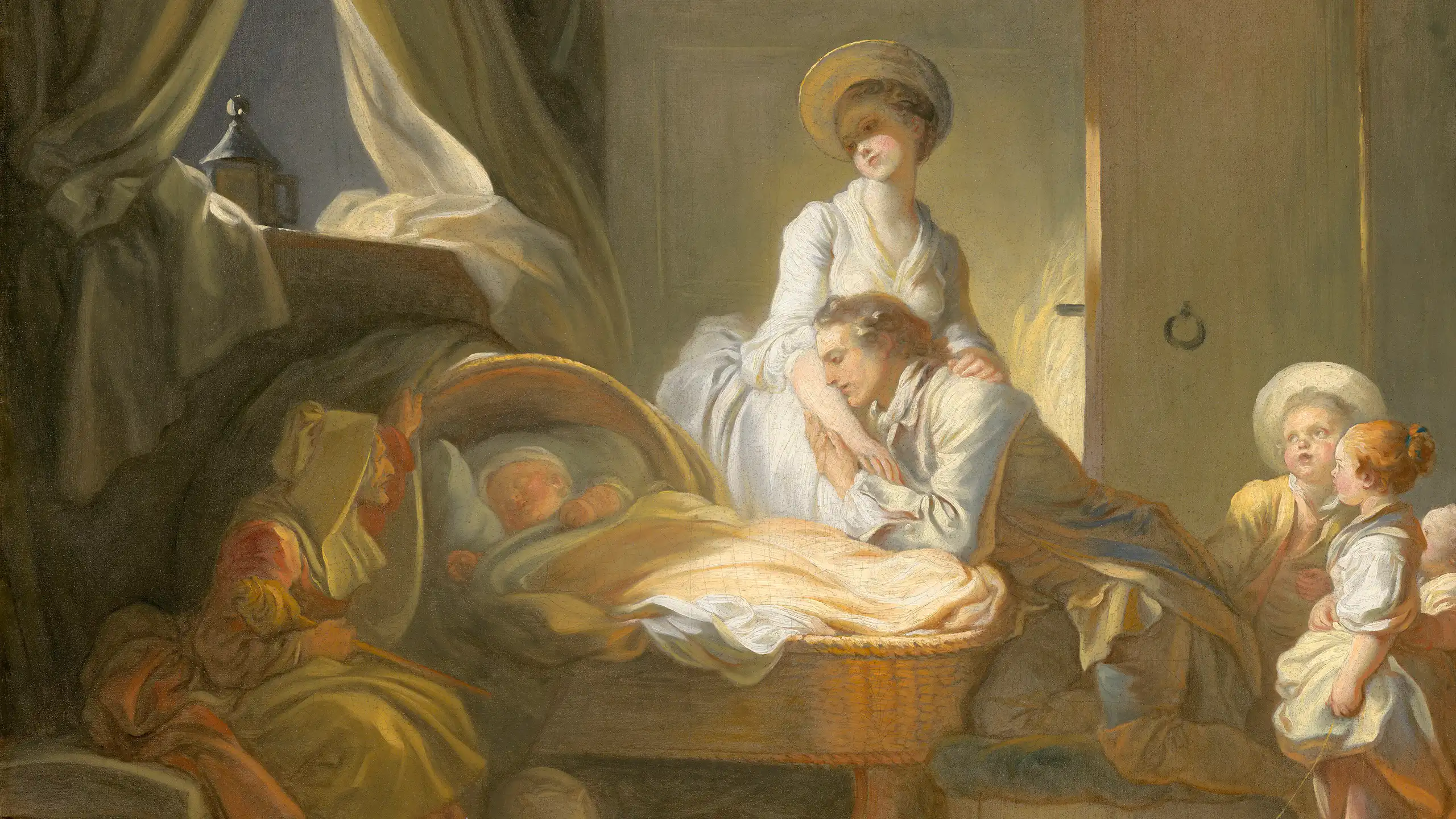 La mère (auréolée) et le père (à genou, blotti contre son épouse et penché vers l'enfant), à droite, et la nourrice, à gauche, entourent le couffin du nouveau-né.