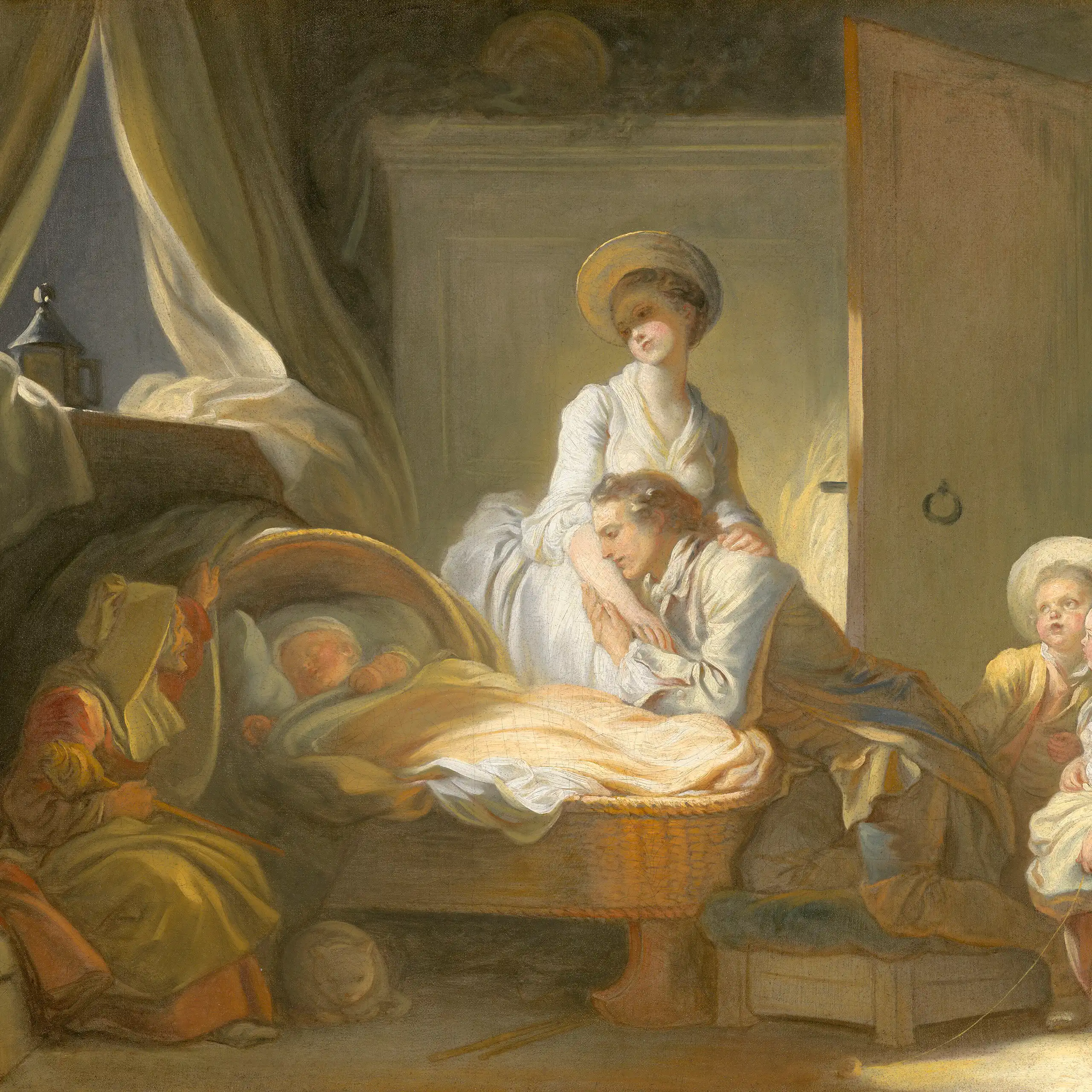 La mère (auréolée) et le père (à genou, blotti contre son épouse et penché vers l'enfant), à droite, et la nourrice, à gauche, entourent le couffin du nouveau-né.