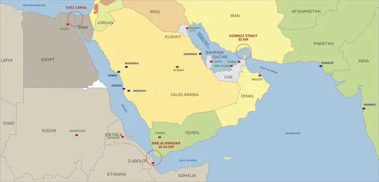 A map showing the locations of the Suez Canal, Straits of Hormuz and Bab al-Mandab Strait.