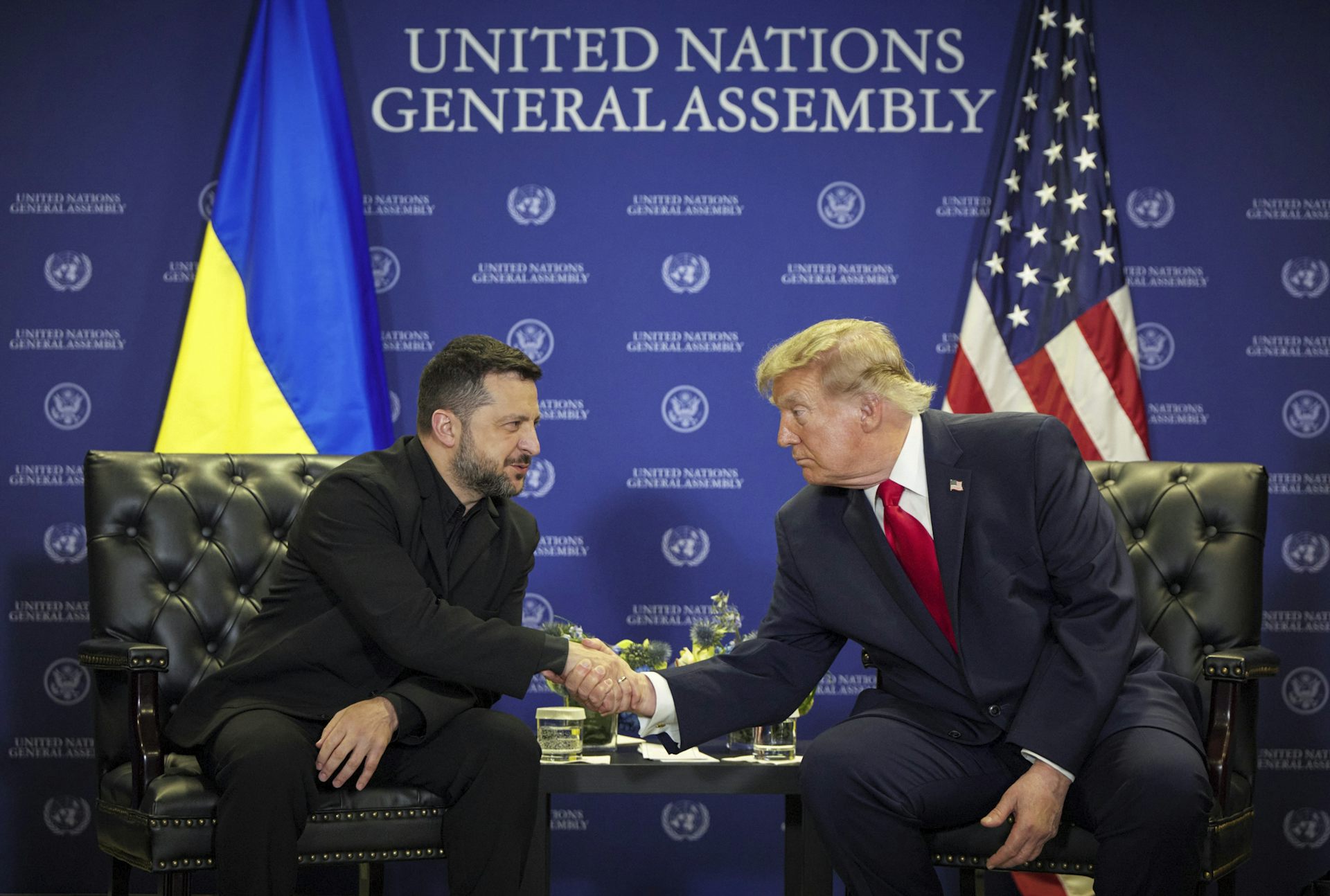 Donald Trump and Volodymyr Zelensky shaking hands as they meet on the sidelines of the UN general assembly,
