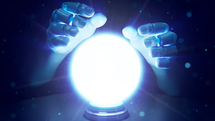 Two robotic hands hover above a glowing crystal ball.