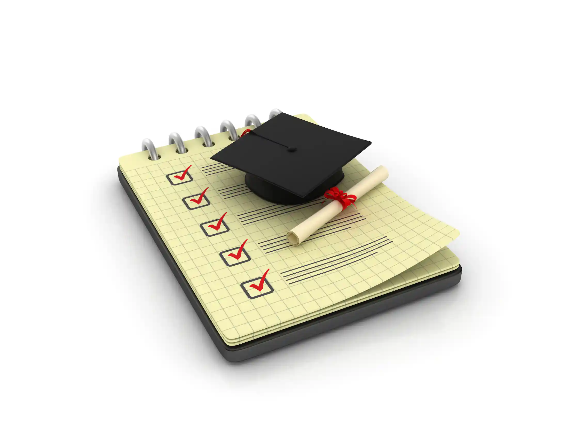 A paper shows lines and a series of checkmarks near a black graduation cap and diploma.