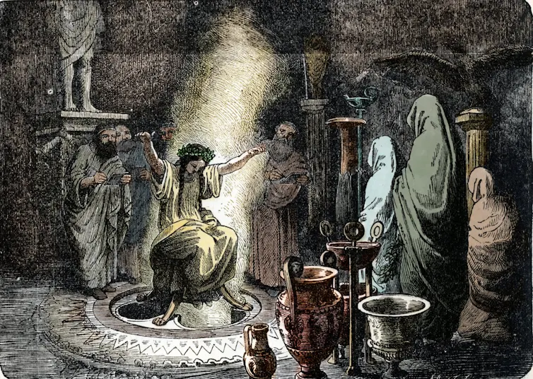 An illustration showing a woman with long, braided black hair and a crown of leaves seated over a tripod as figures gather around her.