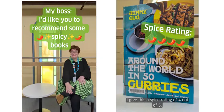 Two images of a librarian being asked to recommend spicy books – and offering a curry cookbook.
