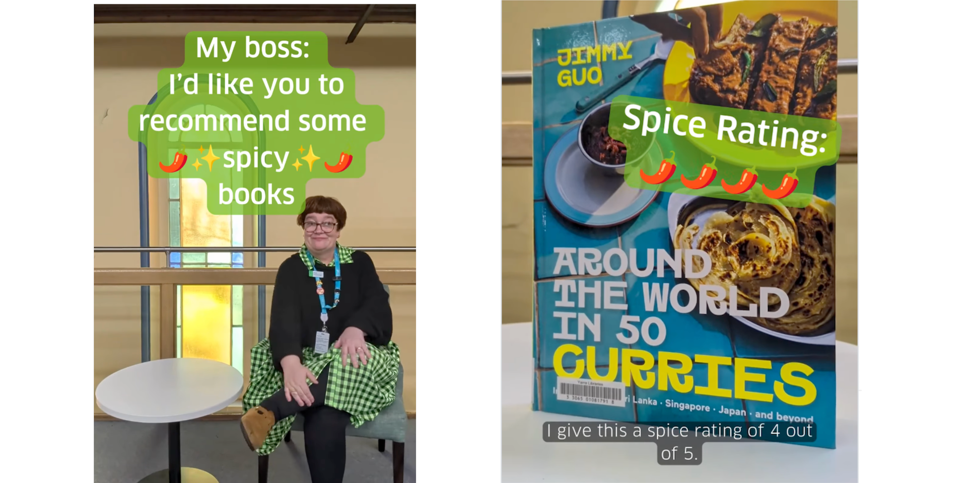 Two images of a librarian being asked to recommend spicy books – and offering a curry cookbook.