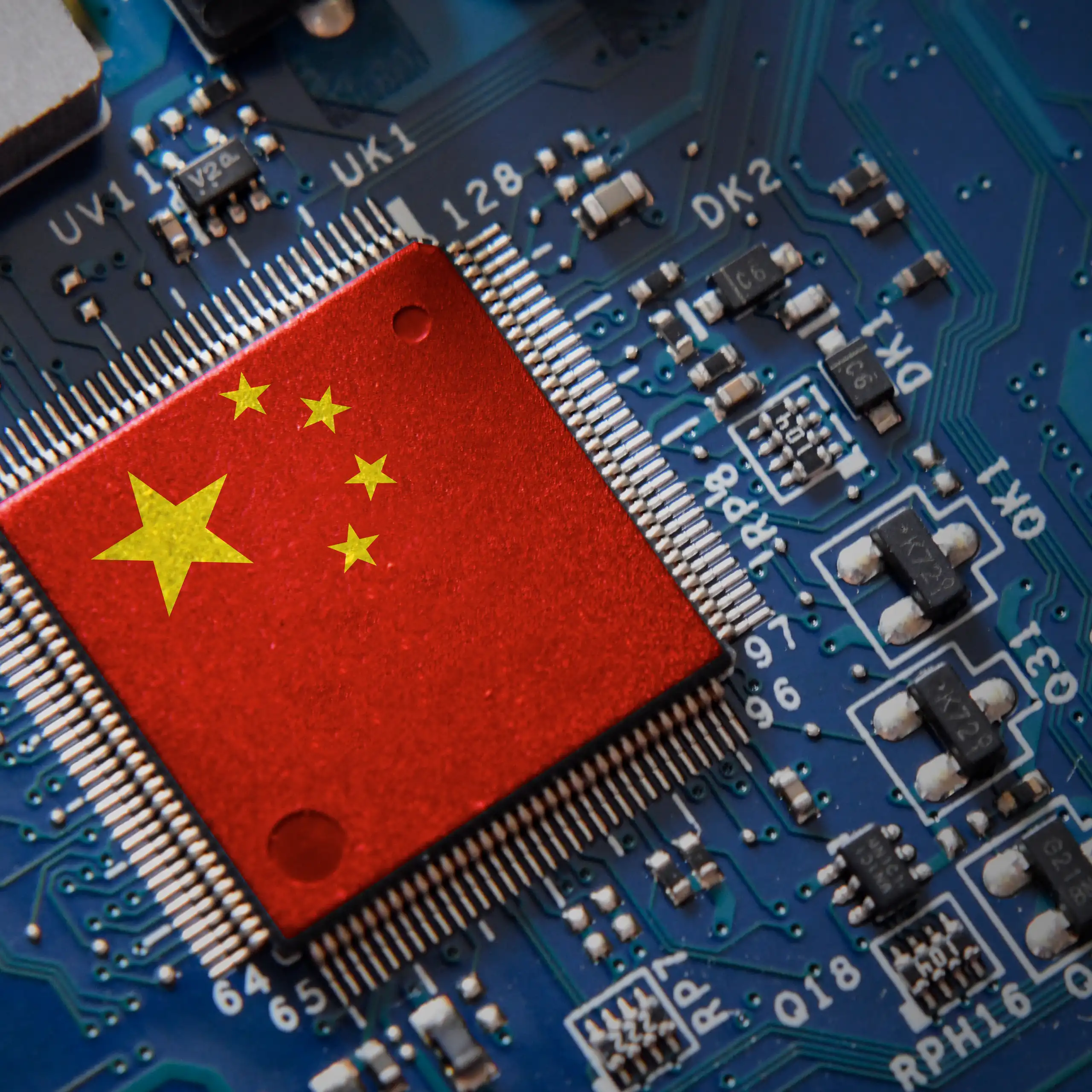 Electronic chip featuring the colors of the Chinese flag.