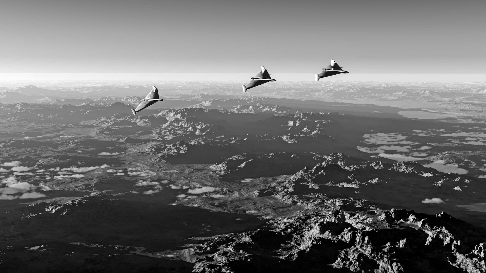 Three drones fly through the night sky.