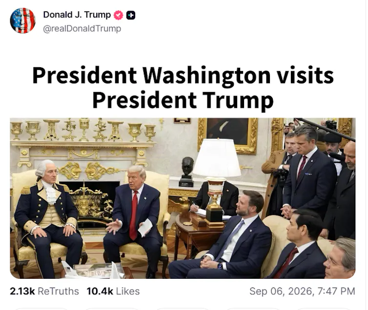 Captura de pantalla de una publicación de Donald Trump en su red social Truth en la que, con ayuda de la IA, incrusta a George Washington en una reunión con Trump y su gabinete.