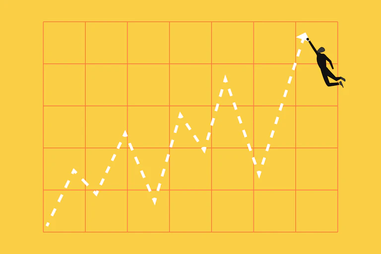 A cartoon chart shows a line trending upward, with a figure of a person hanging onto an upward-pointing arrow at the top.