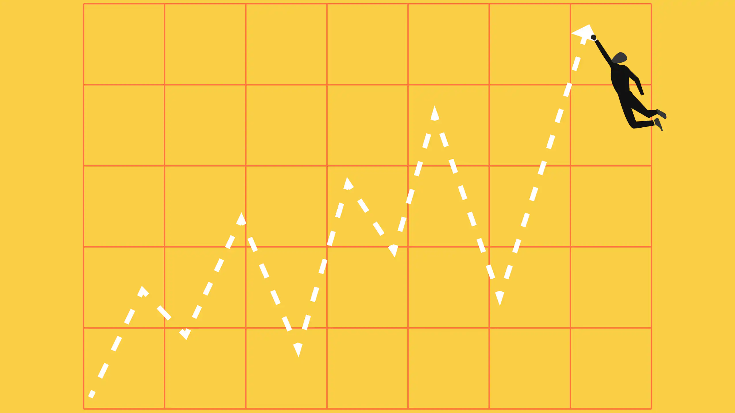 A cartoon chart shows a line trending upward, with a figure of a person hanging onto an upward-pointing arrow at the top.