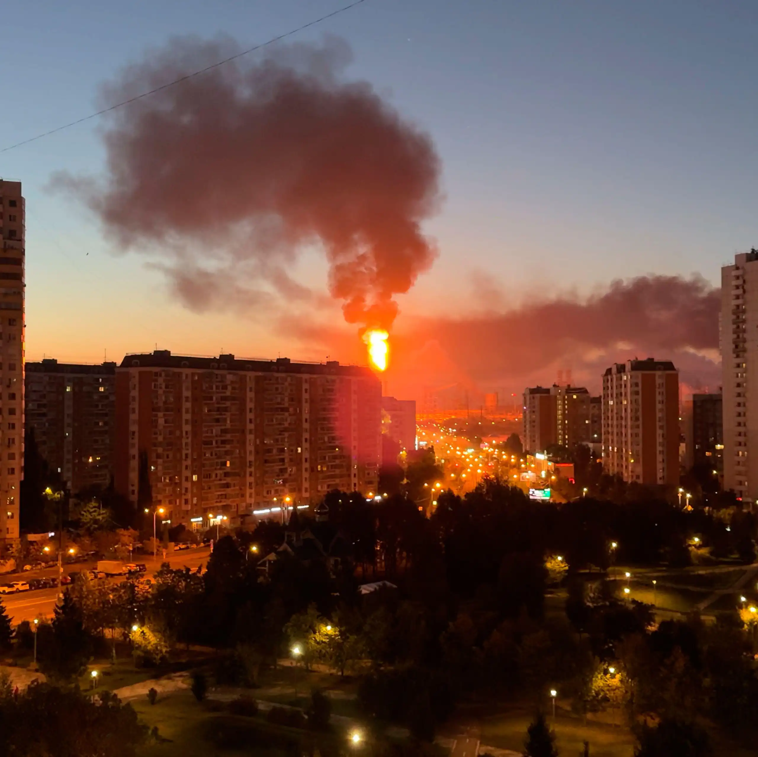 Smoke and flames after a Ukrainian drone strike on a Moscow oil refinery, Sunday, Sept. 20, 2026.