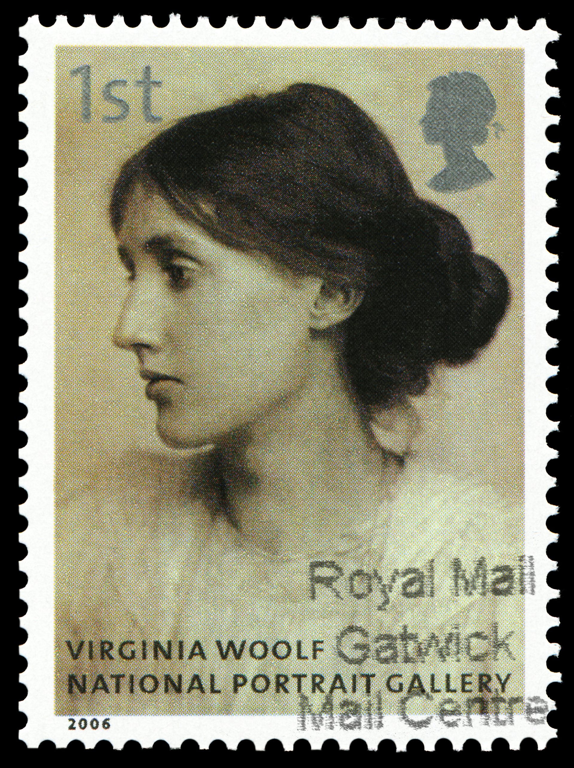 A stamp showing the head of Virginia Woolf.