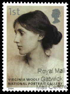 A stamp showing the head of Virginia Woolf.