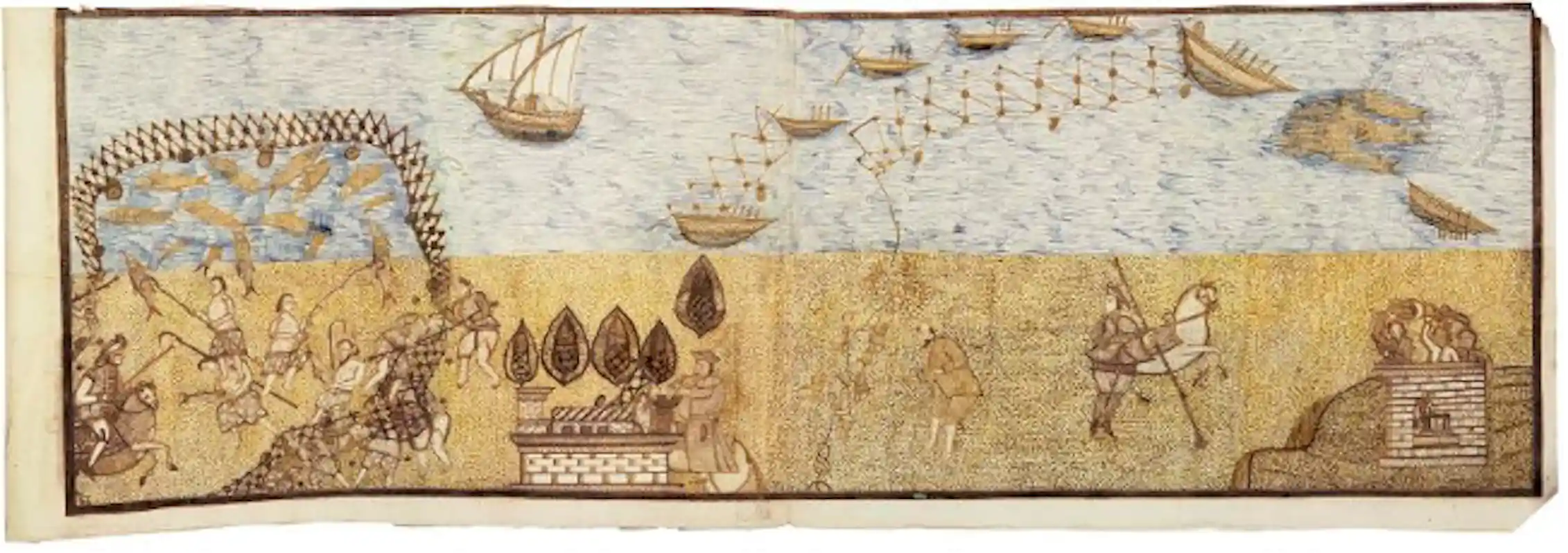 Scene with water on the top, land on the bottom, with people pulling nets that are penning in fish closer to land