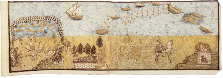 Scene with water on the top, land on the bottom, with people pulling nets that are penning in fish closer to land