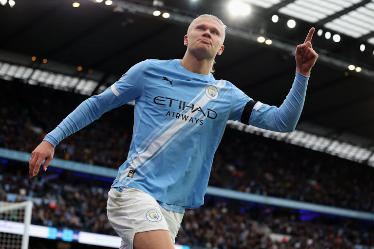 Erling Haaland celebrates a goal for Manchester City in the English Premier League in 2025.
