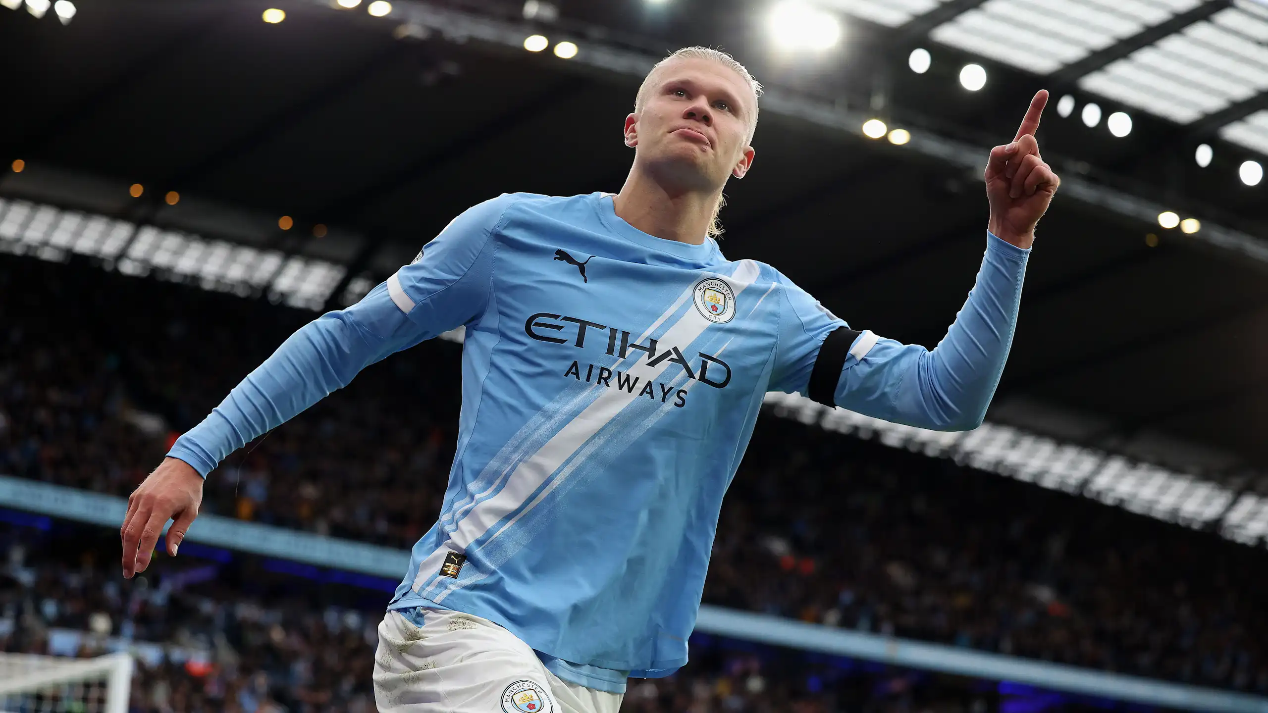 Erling Haaland celebrates a goal for Manchester City in the English Premier League in 2025.
