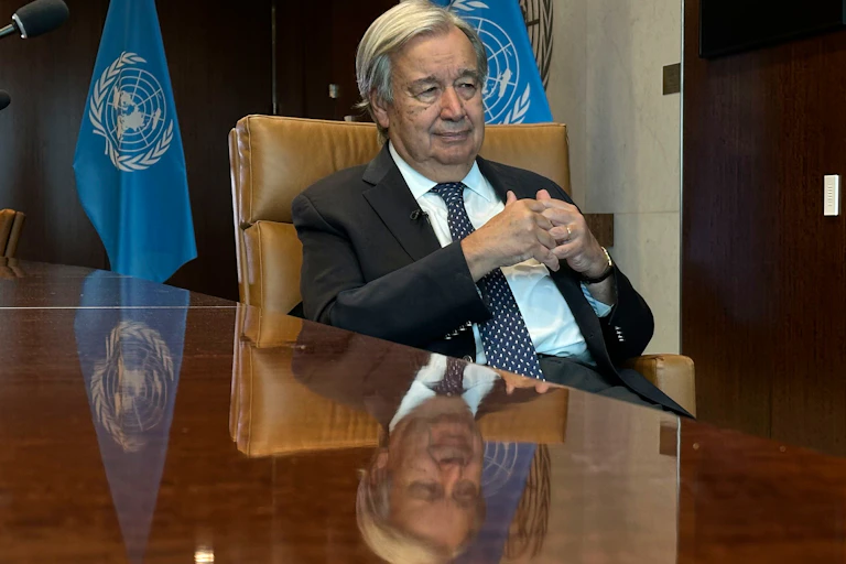Antonio Guterres speaks during an interview at the United Nations headquarters.