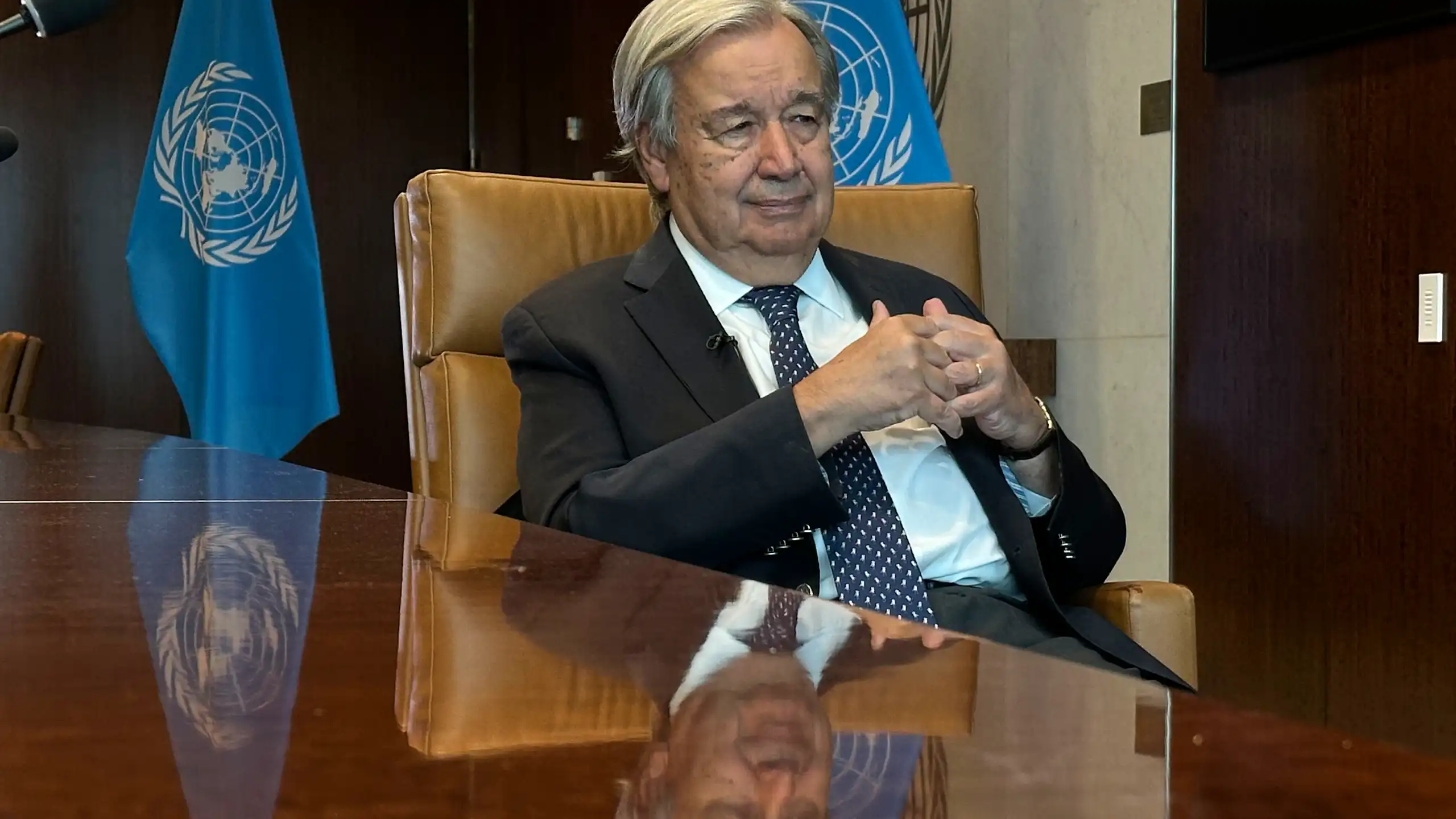 Antonio Guterres speaks during an interview at the United Nations headquarters.