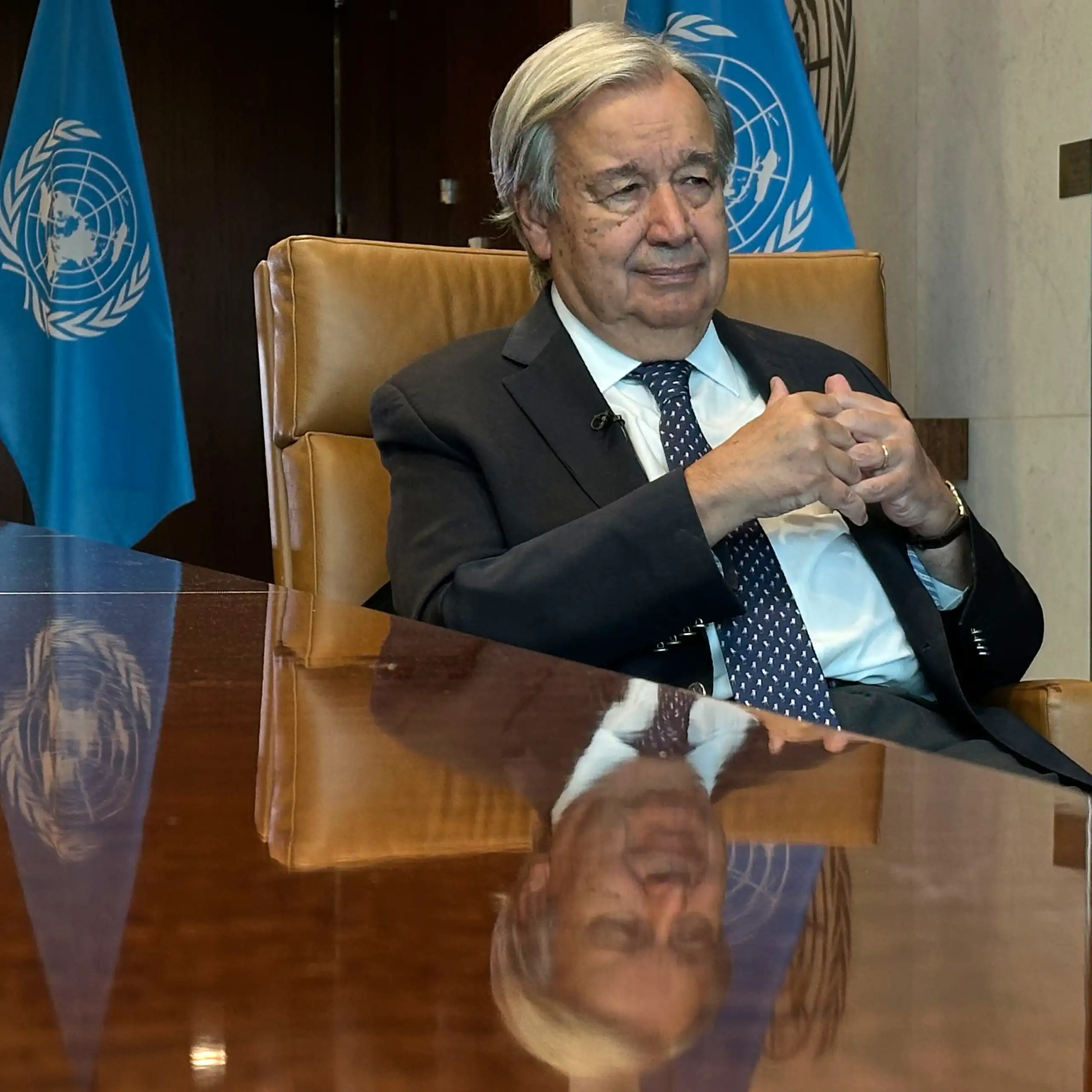 Antonio Guterres speaks during an interview at the United Nations headquarters.