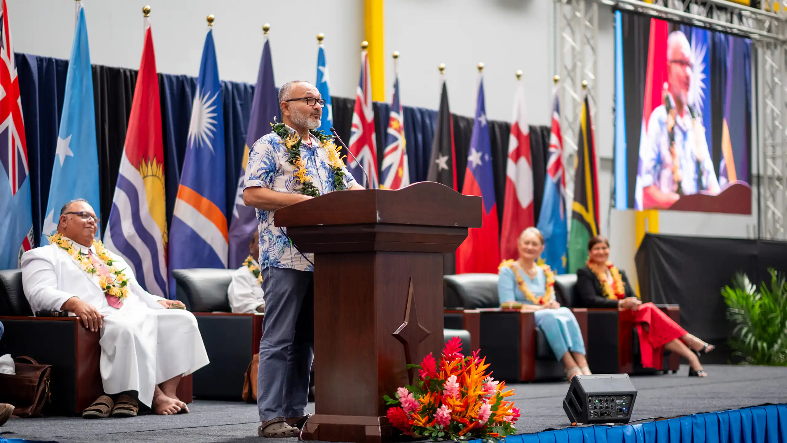 Solomon Islands Prime Minister Matthew Wale opening a conference in Honiara