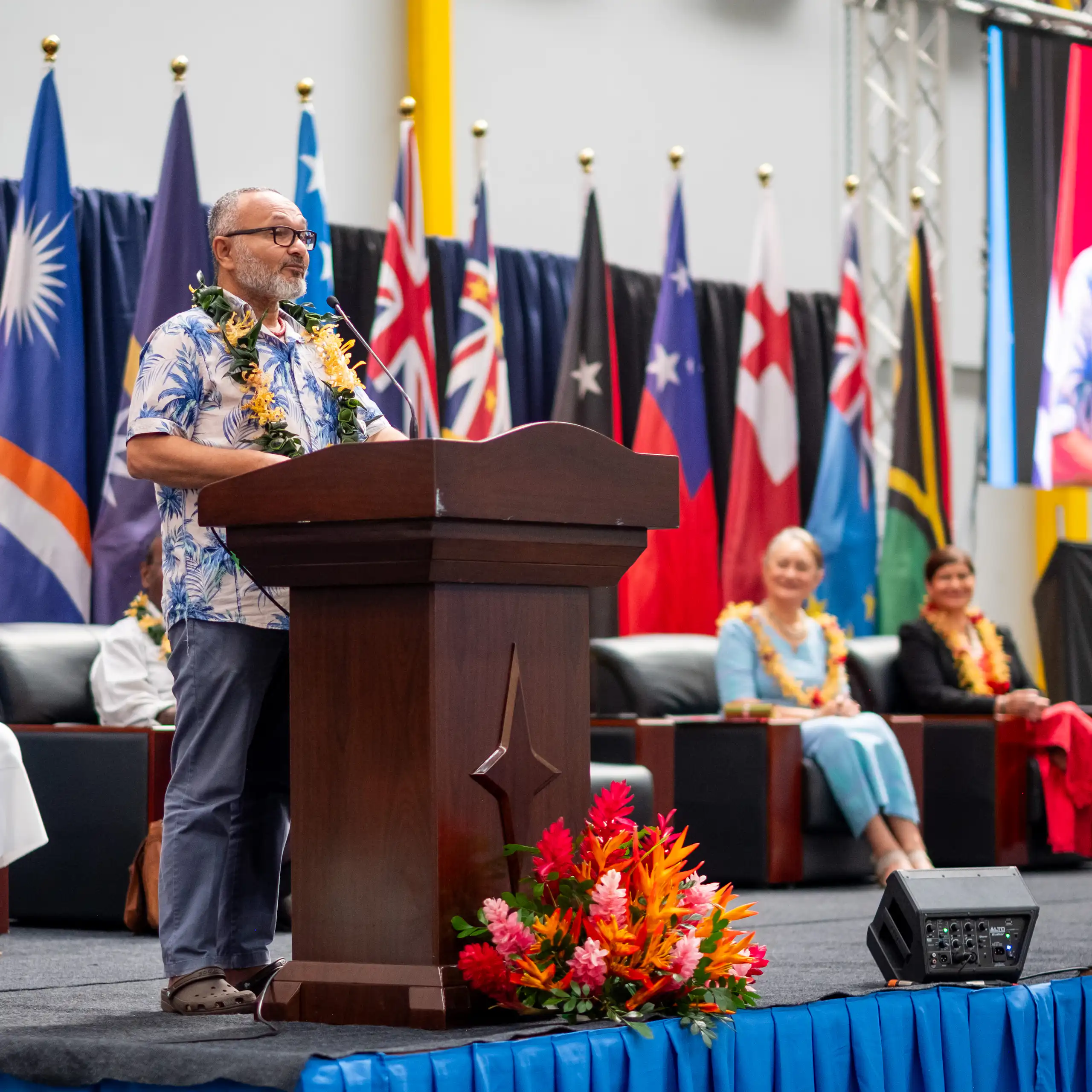 Solomon Islands Prime Minister Matthew Wale opening a conference in Honiara