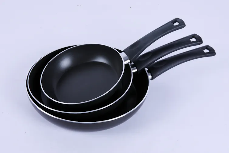 A stack of non-stick pans.