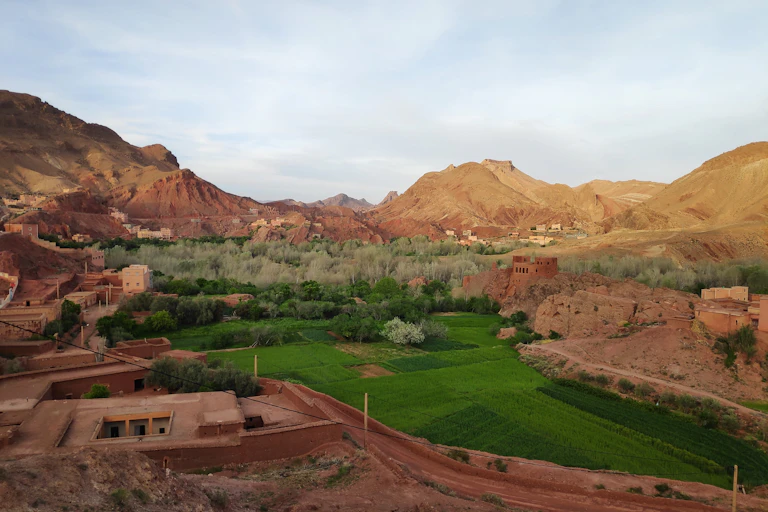 Mountainous desert landscape with patch of green in the valley
