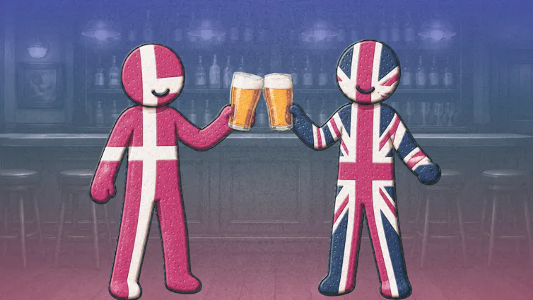 Cartoon Danish and British flag with a pint.
