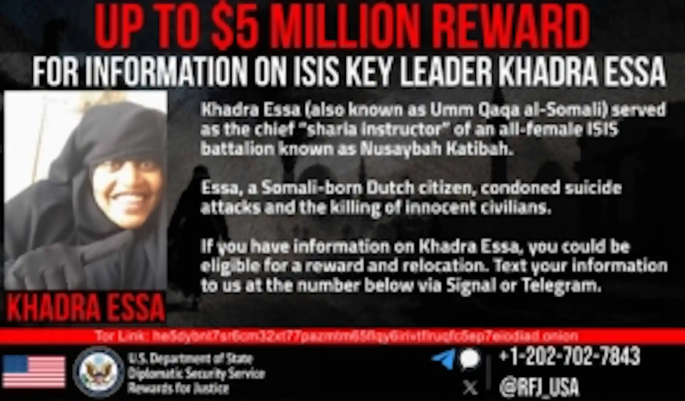 A poster shows a women face and details of a financial reward.