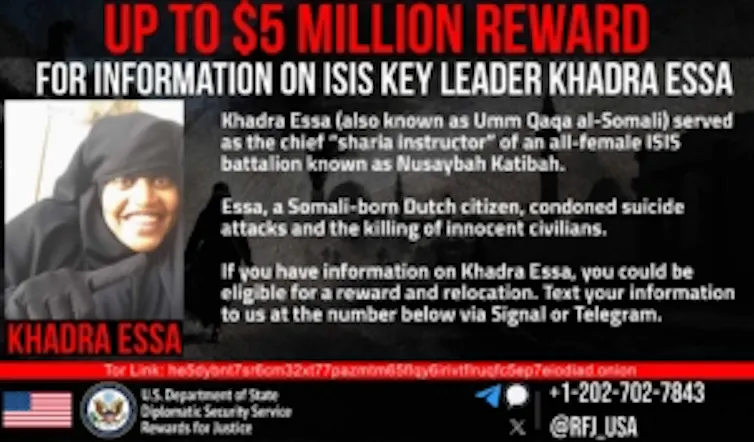 A poster shows a women face and details of a financial reward.