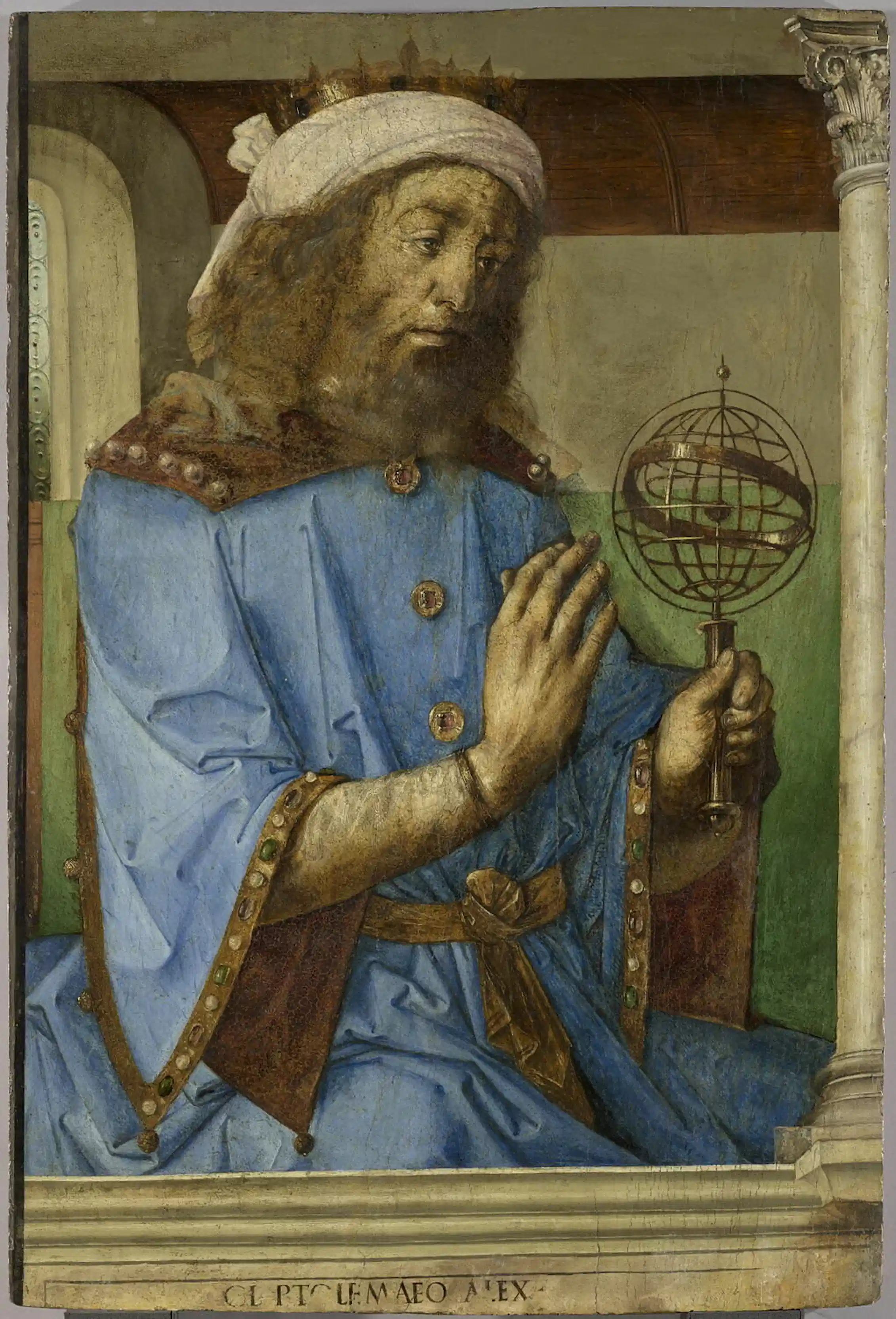 A portrait of a bearded man holding a small globe.