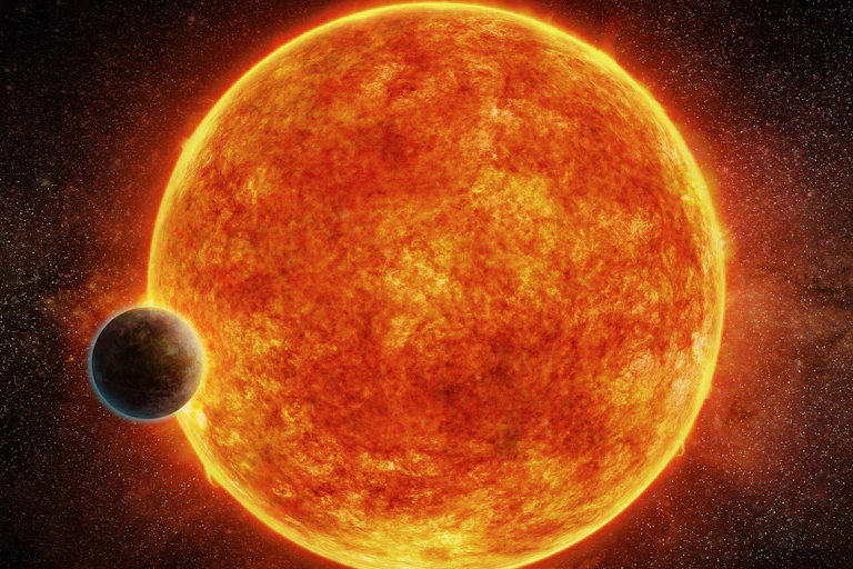 A large planet that looks like an orange fiery ball with a yellow rim, and a small planet in front.