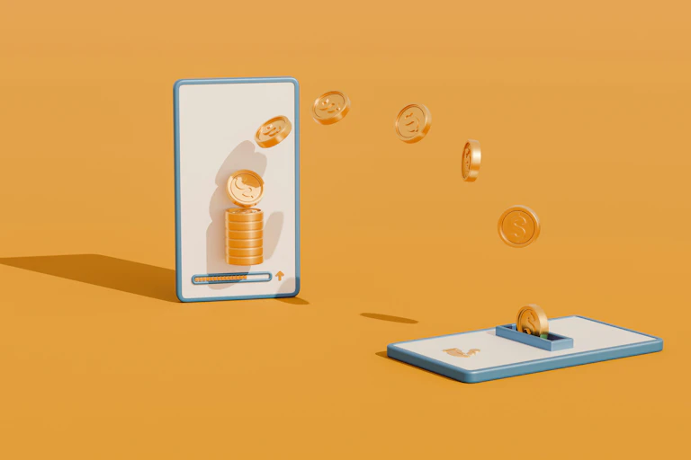 graphic of coins going from one phone to another