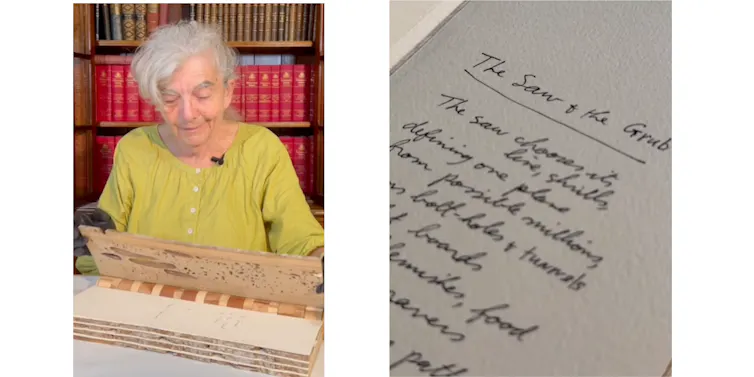 Left: a woman opening an unusual-looking book with a large wooden spine, wearing black gloves. Right: lines of poetry on a page (of this same book).