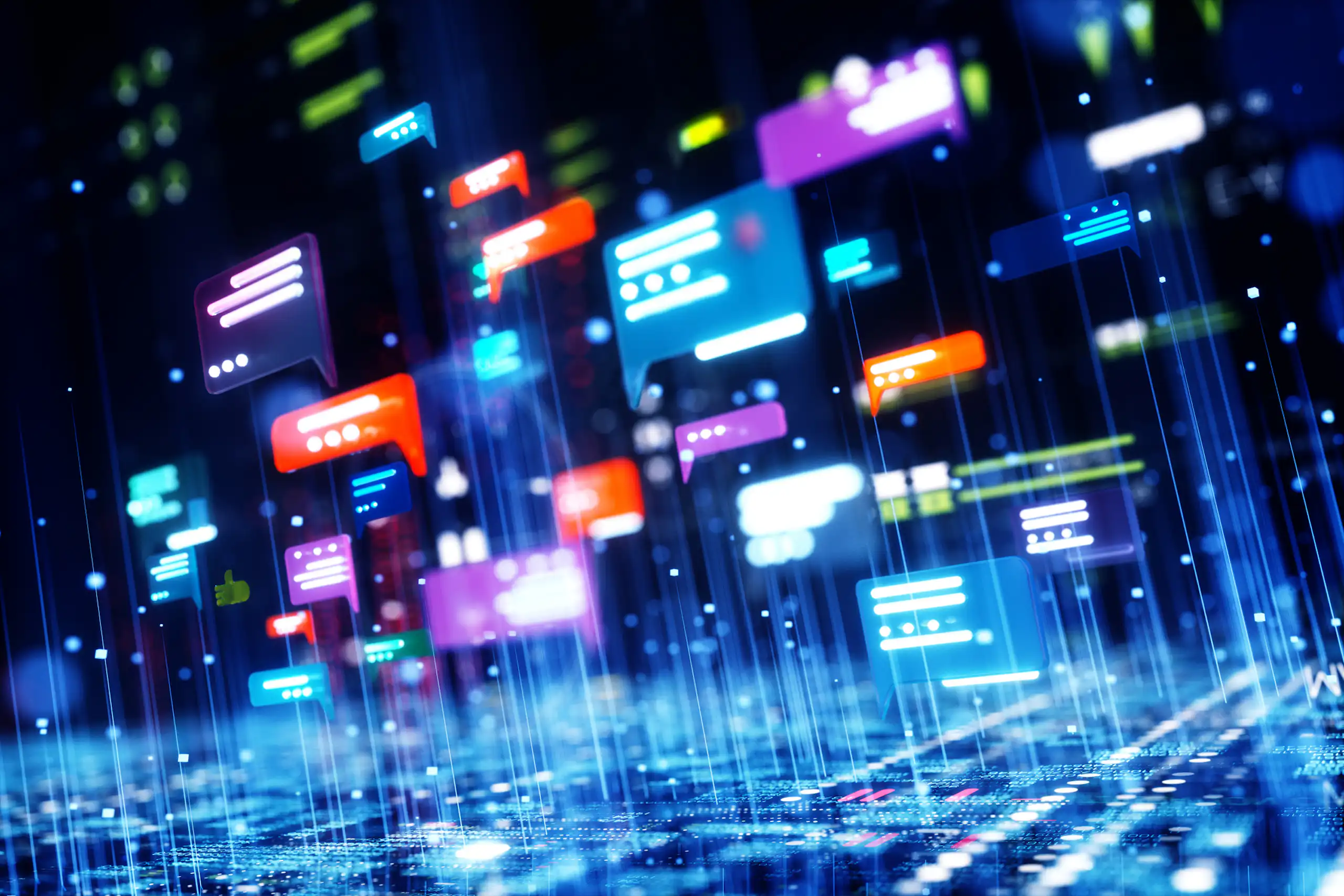 A digital illustration of many chat windows in a data space.