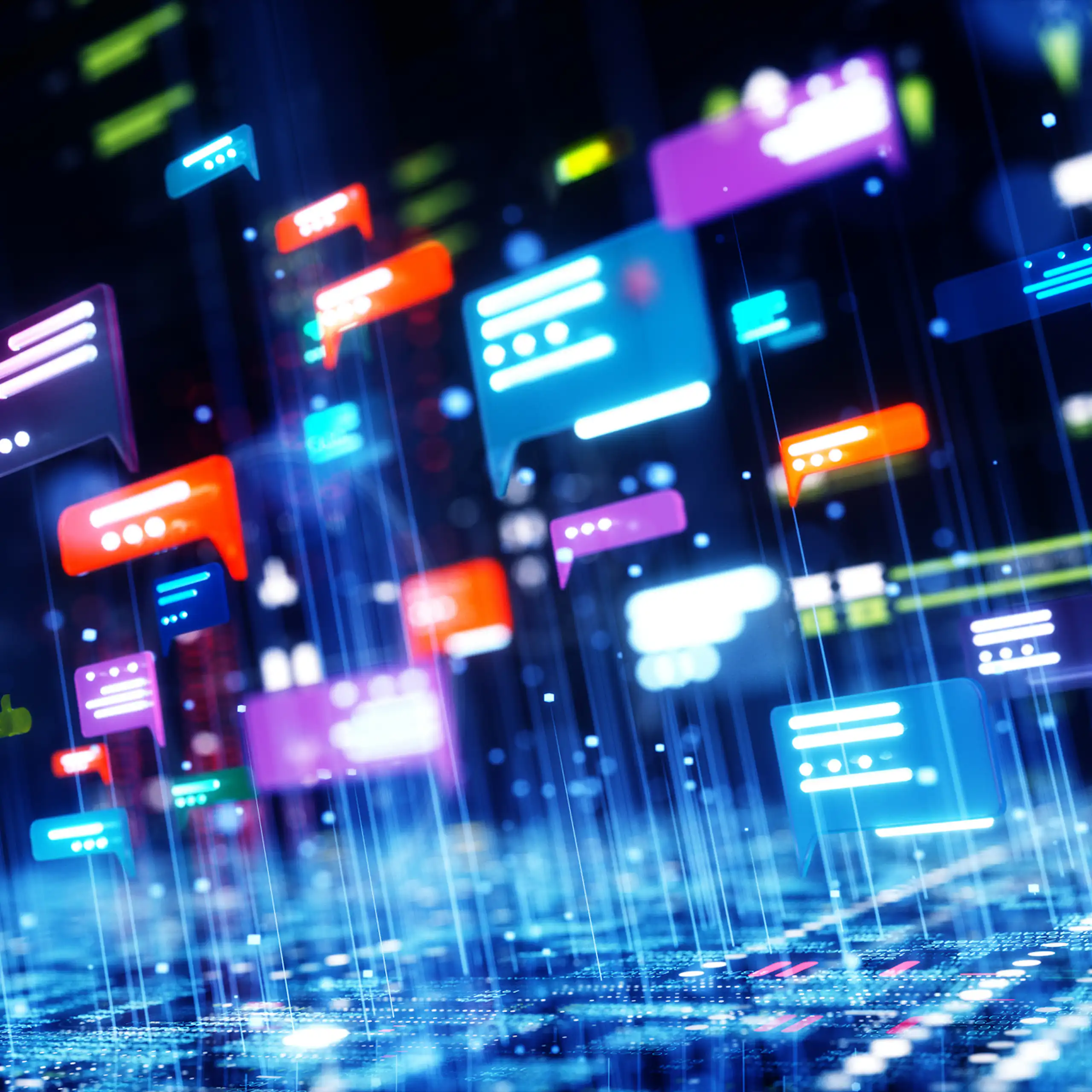 A digital illustration of many chat windows in a data space.