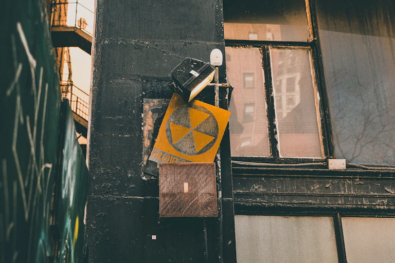 Le symbole du nucléaire sur une pancarte posée sur la façade d'une maison.