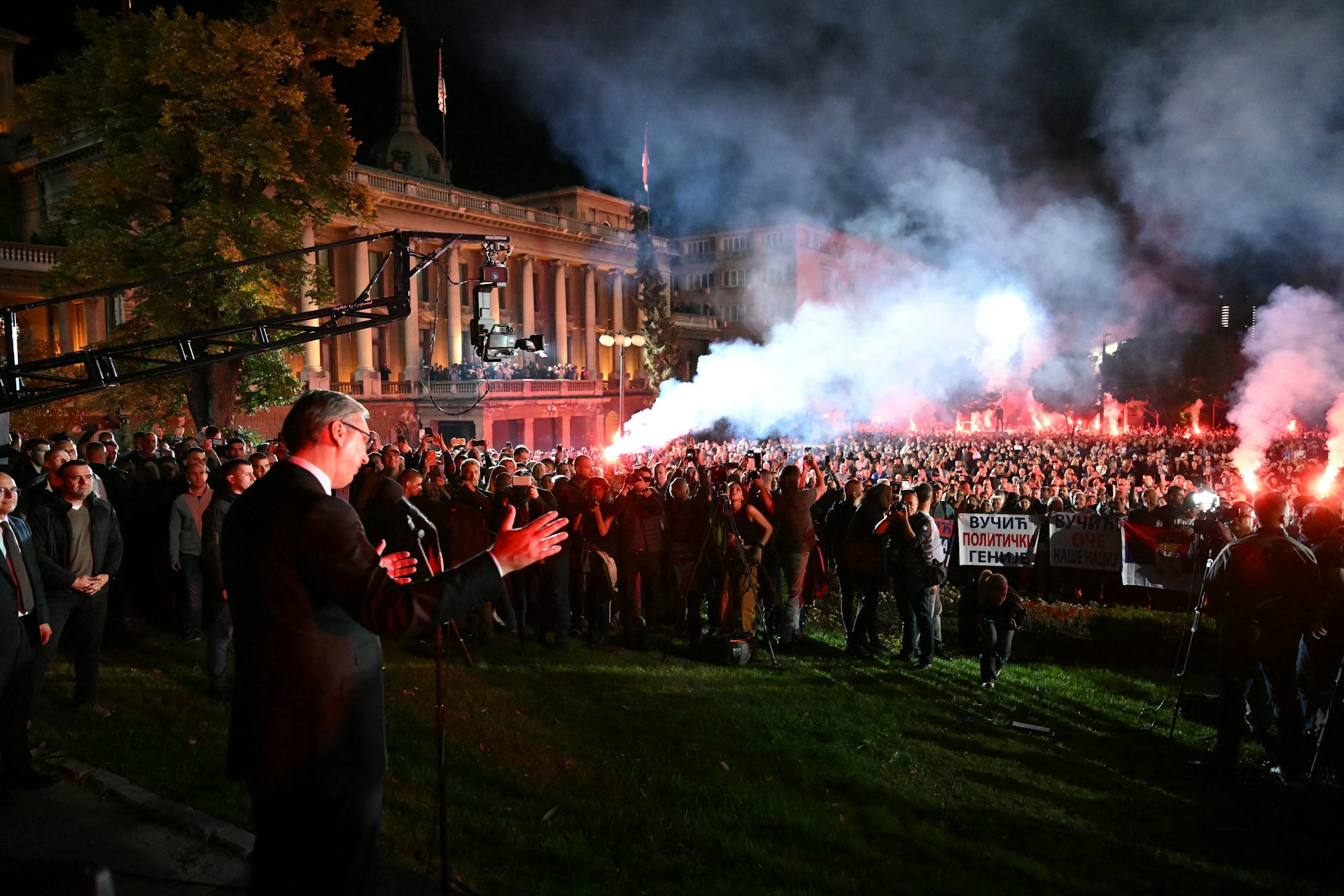 Aleksandar Vučić addresses a crowd of supporters in Belgrade.