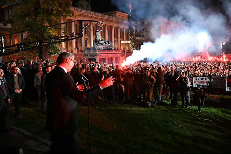 Aleksandar Vučić addresses a crowd of supporters in Belgrade.
