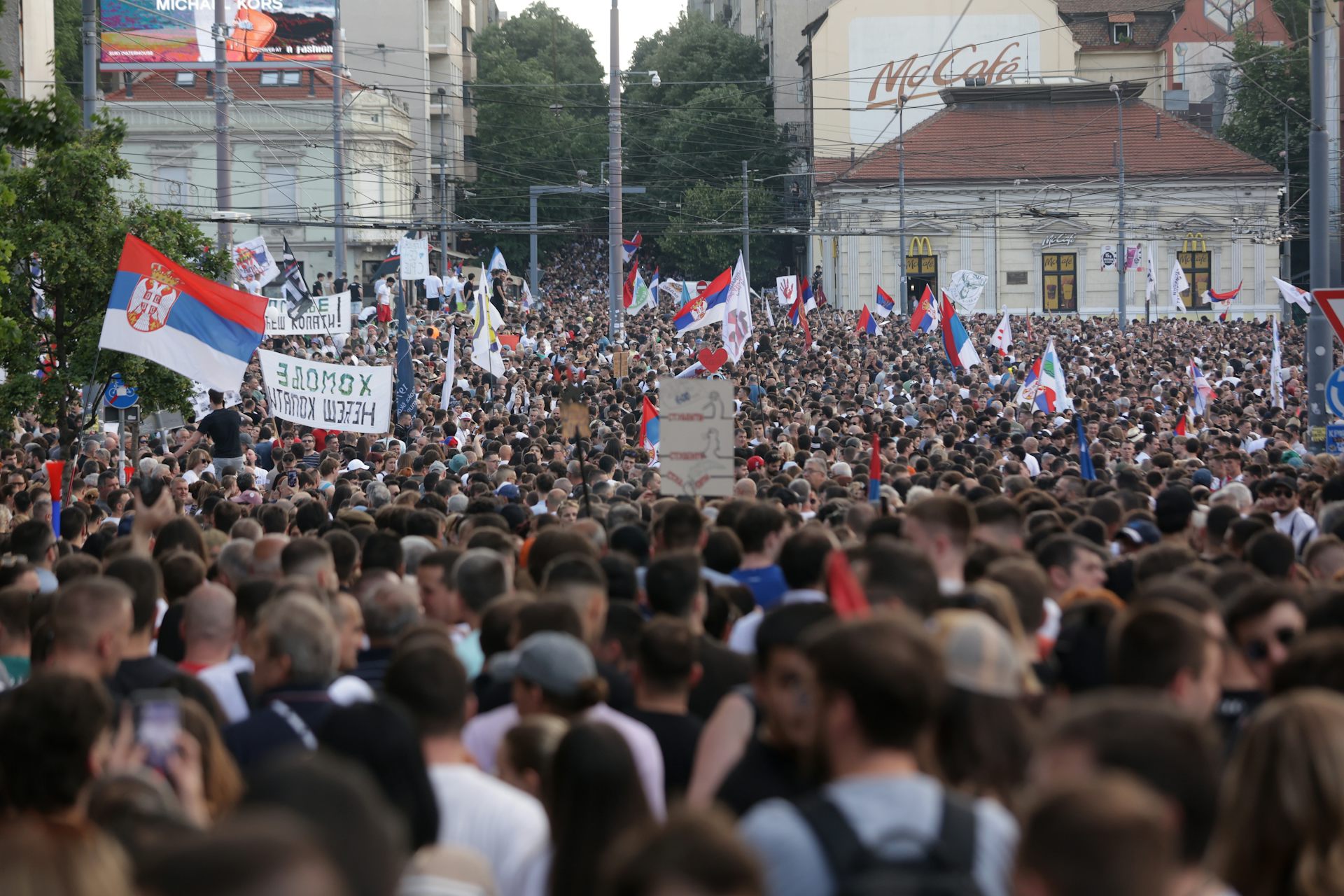 A huge crowd of protesters gather for an anti-government rally in Belgrade.